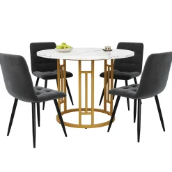 Ensemble table et chaises 80x76 cm avec 4 chaises velours, table ronde effet marbre, pieds métal doré