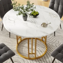 Ensemble table et chaises 80x76 cm avec 4 chaises velours, table ronde effet marbre, pieds métal doré