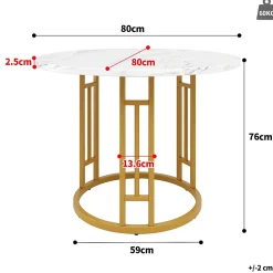 Ensemble table et chaises 80x76 cm avec 4 chaises velours, table ronde effet marbre, pieds métal doré
