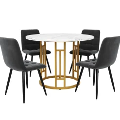 Ensemble table et chaises 80x76 cm avec 4 chaises velours, table ronde effet marbre, pieds métal doré