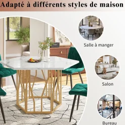 Ensemble Table et Chaises - Table Hexagonale et 4 Chaises Velours, Salle à Manger Moderne avec Pieds Métal Doré, Vert et Blanc