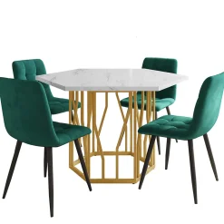 Ensemble Table et Chaises - Table Hexagonale et 4 Chaises Velours, Salle à Manger Moderne avec Pieds Métal Doré, Vert et Blanc