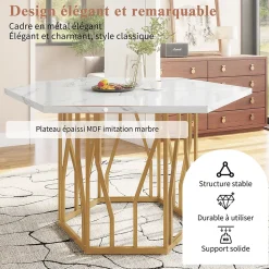 Ensemble Table et Chaises - Table Hexagonale et 4 Chaises Velours, Salle à Manger Moderne avec Pieds Métal Doré, Vert et Blanc