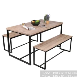 Ensemble table et deux bancs style industriel en bois et métal Collection DARYL Table 140 cm et deux bancs 120 cm