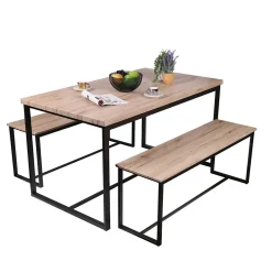 Ensemble table et deux bancs style industriel en bois et métal Collection DARYL Table 140 cm et deux bancs 120 cm
