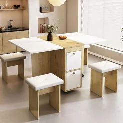 Ensemble table extensible 120x80 cm avec 4 chaises pliantes blanc et chêne pour salle à manger moderne