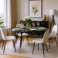 Ensemble table extensible noir 120-160 et 4 chaises style scandinaves blanches cassées
