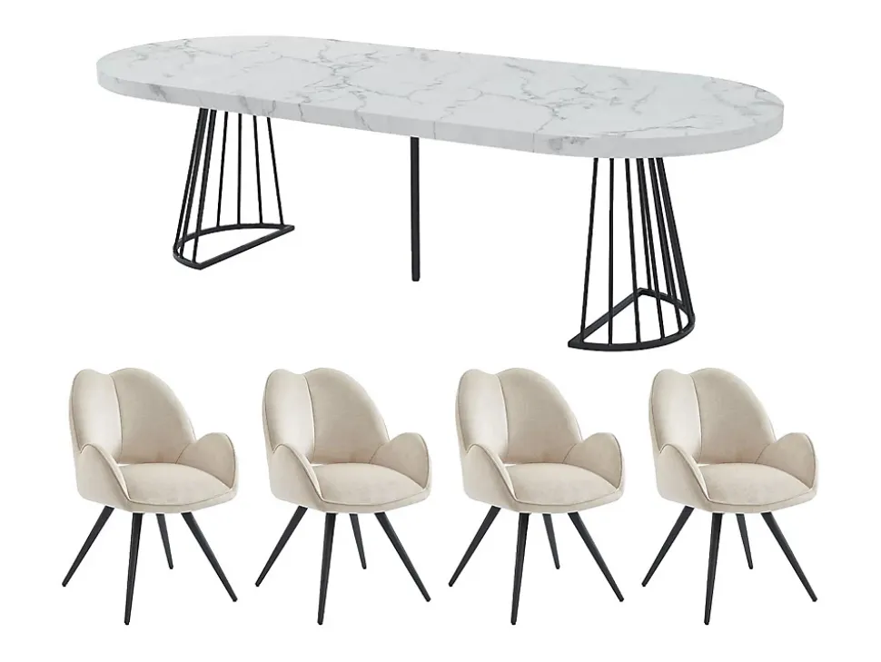 Ensemble table FIRELA + 4 chaises GULSUN - Effet marbre blanc et beige