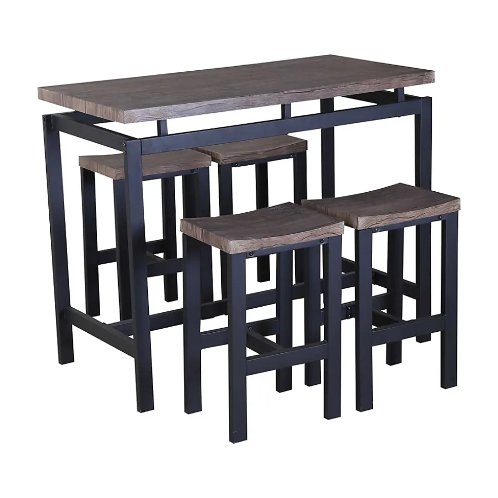Ensemble table haute, bar et 4 tabourets NIMES. Set moderne type industriel, bois et métal.