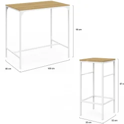 Ensemble table haute de bar DETROIT 100 cm et 4 tabourets de bar bois et métal blanc design industriel