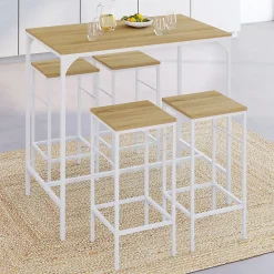 Ensemble table haute de bar DETROIT 100 cm et 4 tabourets de bar bois et métal blanc design industriel