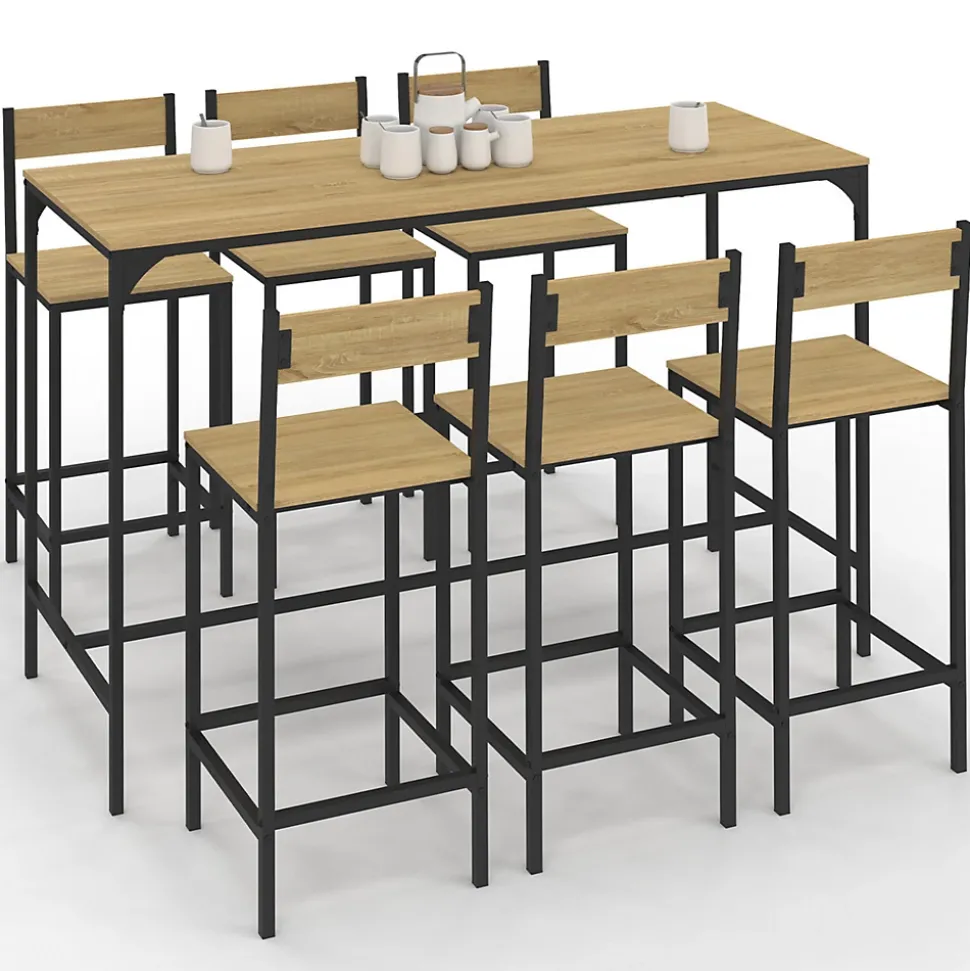 Ensemble table haute de bar DETROIT 150 cm et 6 chaises de bar design industriel