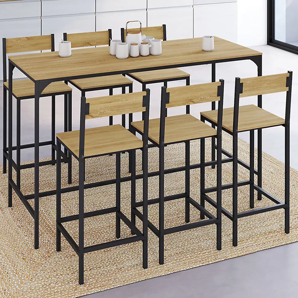Ensemble table haute de bar DETROIT 150 cm et 6 chaises de bar design industriel