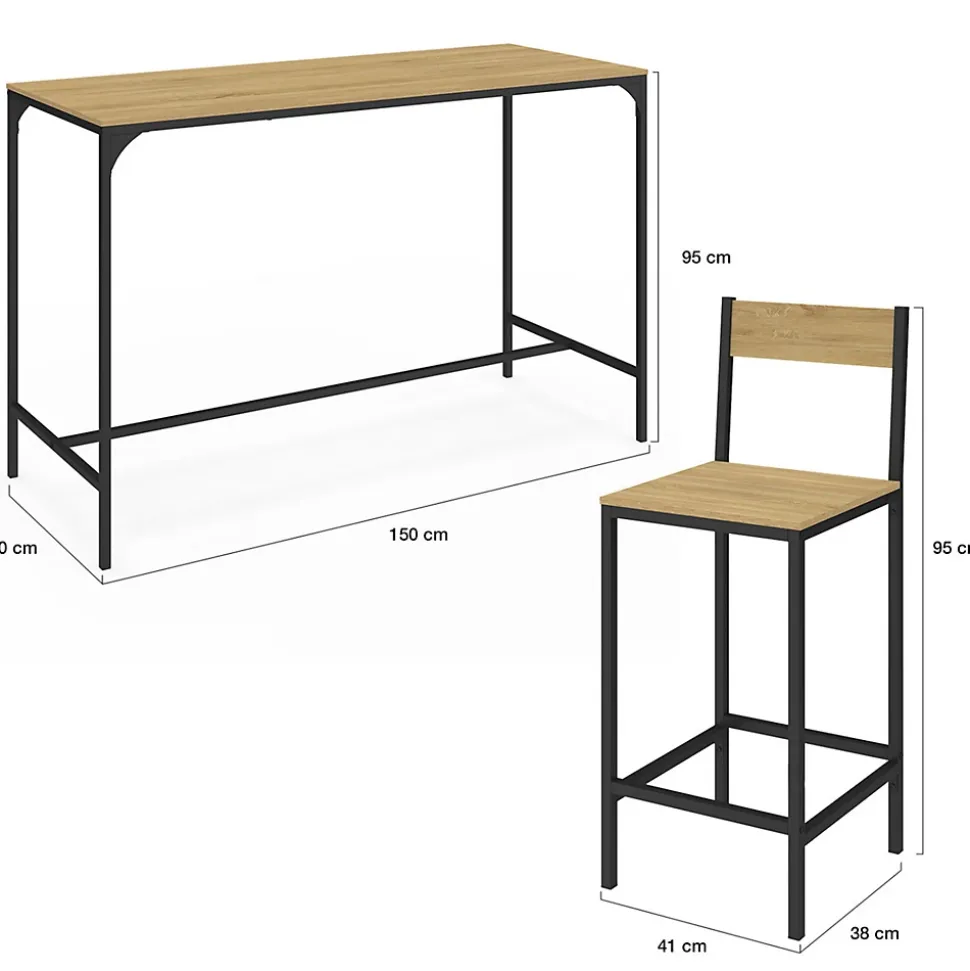 Ensemble table haute de bar DETROIT 150 cm et 6 chaises de bar design industriel