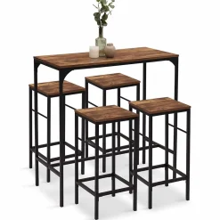 Ensemble table haute de bar DAYTON 100 cm et 4 chaises de bar effet vieilli design industriel