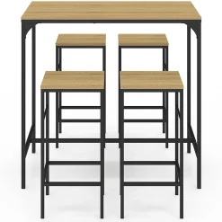 Ensemble table haute de bar DETROIT 100 cm et 4 tabourets bois et métal noir design industriel