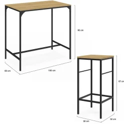 Ensemble table haute de bar DETROIT 100 cm et 4 tabourets bois et métal noir design industriel