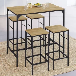 Ensemble table haute de bar DETROIT 100 cm et 4 tabourets bois et métal noir design industriel
