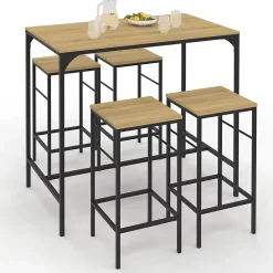 Ensemble table haute de bar DETROIT 100 cm et 4 tabourets bois et métal noir design industriel