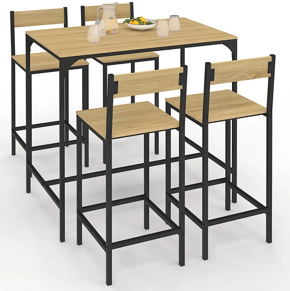 Ensemble table haute de bar DETROIT 100 cm et 4 chaises de bar design industriel