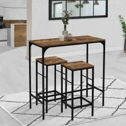 Ensemble table haute de bar DAYTON 95 cm et 2 tabourets effet vieilli design industriel