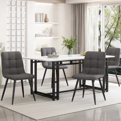 Ensemble Table Rectangulaire et 4 Chaises en Lin Gris Foncé - Dossier Rembourré, MDF Blanche et Pieds Noirs