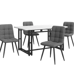 Ensemble Table Rectangulaire et 4 Chaises en Lin Gris Foncé - Dossier Rembourré, MDF Blanche et Pieds Noirs
