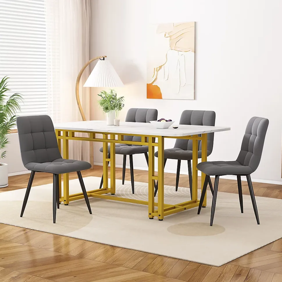 Ensemble Table Rectangulaire 120x70 cm et 4 Chaises en Velours Gris Foncé - Dossier Rembourré, MDF Blanche, Pieds Dorés