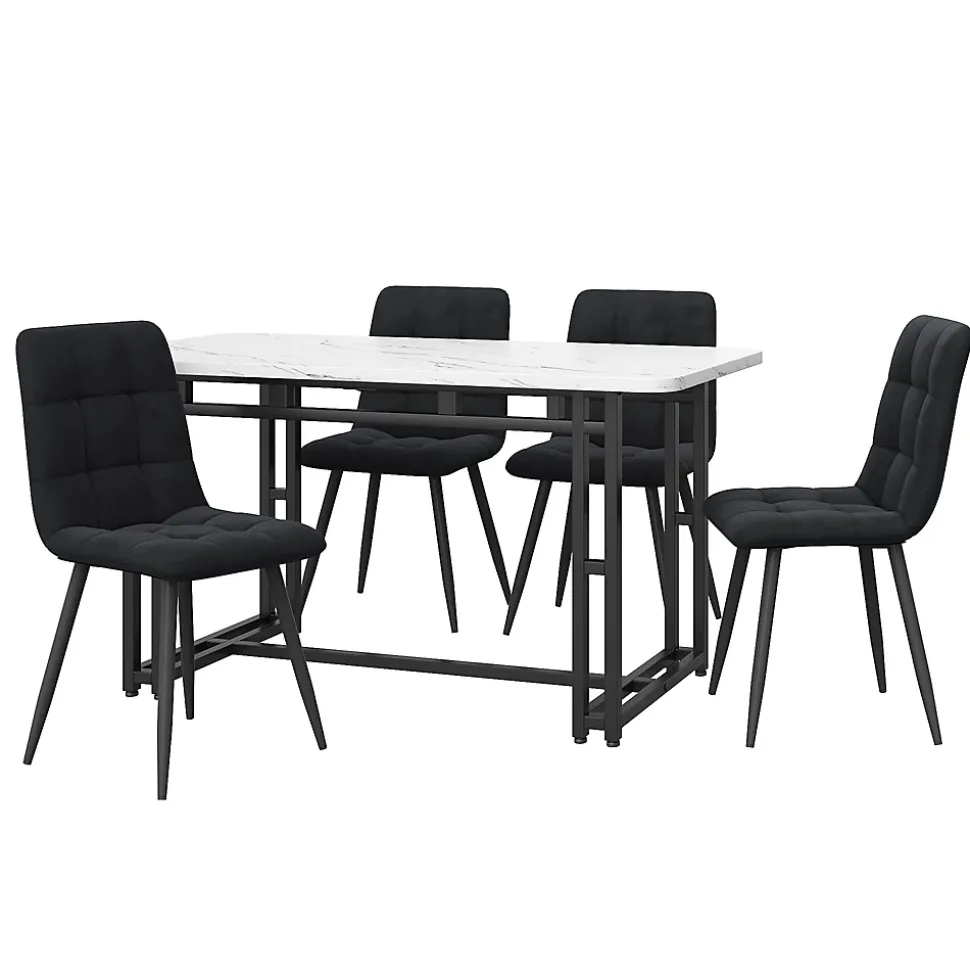 Ensemble Table Rectangulaire 120x70 cm et 4 Chaises en Velours Noir - Dossier Rembourré, MDF Blanche, Pieds Noirs