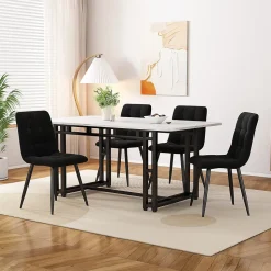 Ensemble Table Rectangulaire 120x70 cm et 4 Chaises en Velours Noir - Dossier Rembourré, MDF Blanche, Pieds Noirs