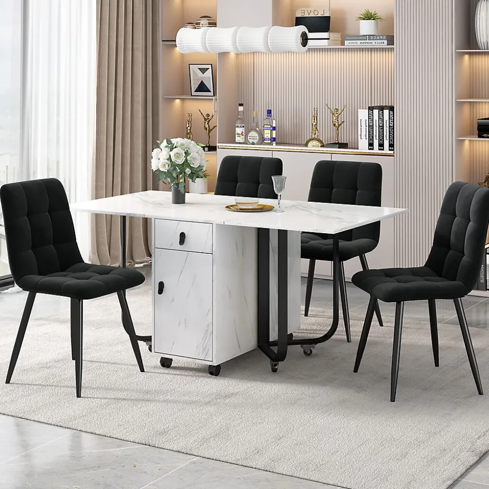 Ensemble Table Rectangulaire Pliante et 4 Chaises en Velours Noir - Dossier Rembourré, MDF et Pieds Noirs