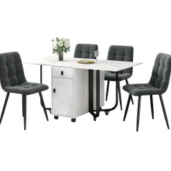 Ensemble Table Rectangulaire Pliante et 4 Chaises en Velours Gris Foncé - Dossier Rembourré, MDF et Pieds Noirs
