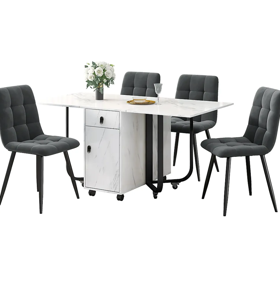 Ensemble Table Rectangulaire Pliante et 4 Chaises en Velours Gris Foncé - Dossier Rembourré, MDF et Pieds Noirs