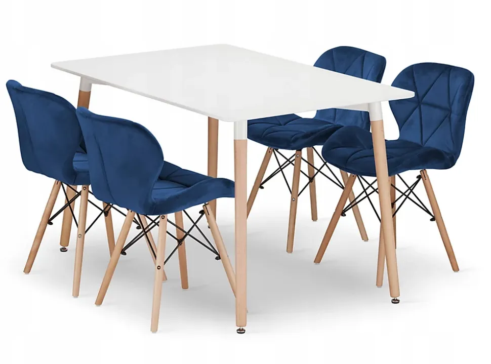 Ensemble table rectangulaire VALORA YURO 120x80 blanc + 4 chaises WAKO bleu marine