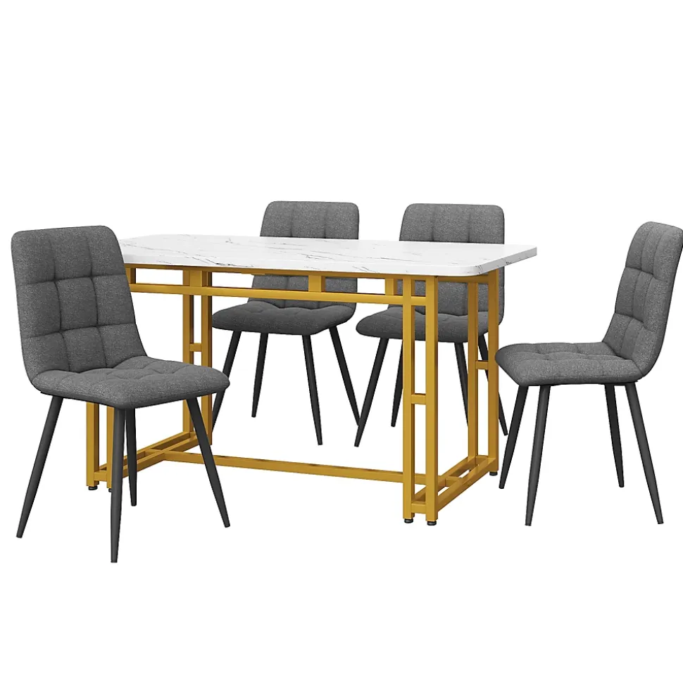 Ensemble Table Rectangulaire 120x70 cm et 4 Chaises en Lin Gris Foncé - Dossier Rembourré, MDF Blanche, Pieds Dorés