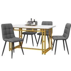 Ensemble Table Rectangulaire 120x70 cm et 4 Chaises en Lin Gris Foncé - Dossier Rembourré, MDF Blanche, Pieds Dorés