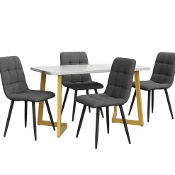 Ensemble Table Rectangulaire Effet Marbre - MDF et 4 Chaises Lin Gris Foncé, Pieds Métal Dorés