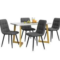 Ensemble Table Rectangulaire Effet Marbre - MDF et 4 Chaises Lin Gris Foncé, Pieds Métal Dorés