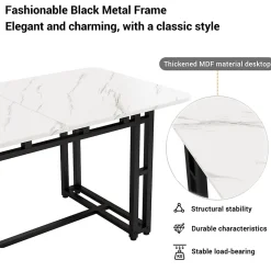 Ensemble Table Rectangulaire 120x70 cm et 4 Chaises en Lin Gris Foncé - Dossier Rembourré, MDF Blanche, Pieds Noirs
