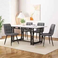 Ensemble Table Rectangulaire 120x70 cm et 4 Chaises en Lin Gris Foncé - Dossier Rembourré, MDF Blanche, Pieds Noirs