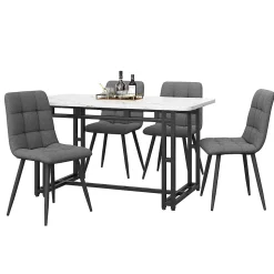 Ensemble Table Rectangulaire 120x70 cm et 4 Chaises en Lin Gris Foncé - Dossier Rembourré, MDF Blanche, Pieds Noirs