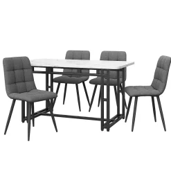 Ensemble Table Rectangulaire 120x70 cm et 4 Chaises en Lin Gris Foncé - Dossier Rembourré, MDF Blanche, Pieds Noirs