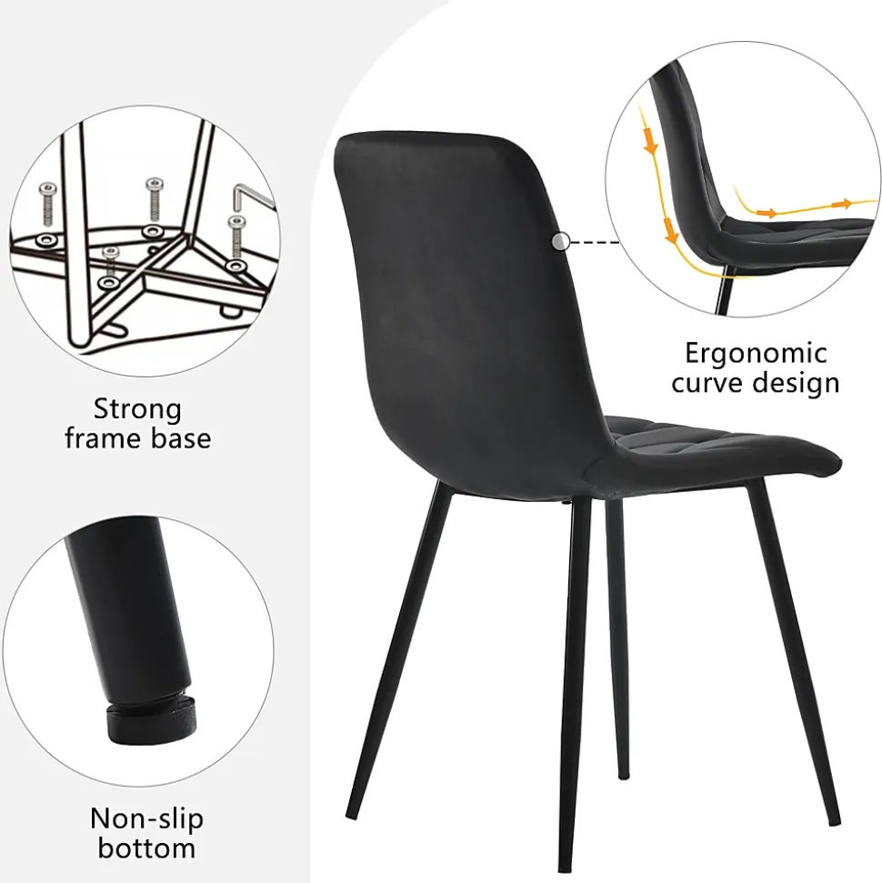 Ensemble Table Rectangulaire Effet Marbre - MDF et 4 Chaises Velours Noir Chevron, Pieds Métal Dorés