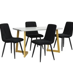 Ensemble Table Rectangulaire Effet Marbre - MDF et 4 Chaises Velours Noir Chevron, Pieds Métal Dorés