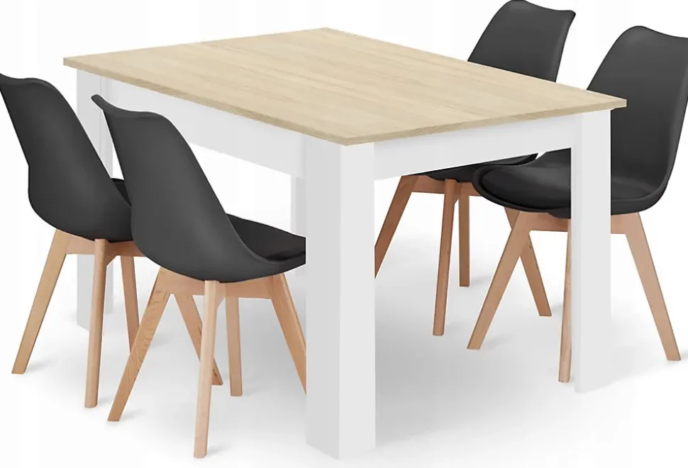 Ensemble table rectangulaire VALORA et 4 chaises noires RIXK - Chêne Sonoma