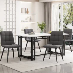 Ensemble Table Rectangulaire et 4 Chaises en Velours Gris Foncé - Dossier Rembourré, MDF Blanche et Pieds Noirs