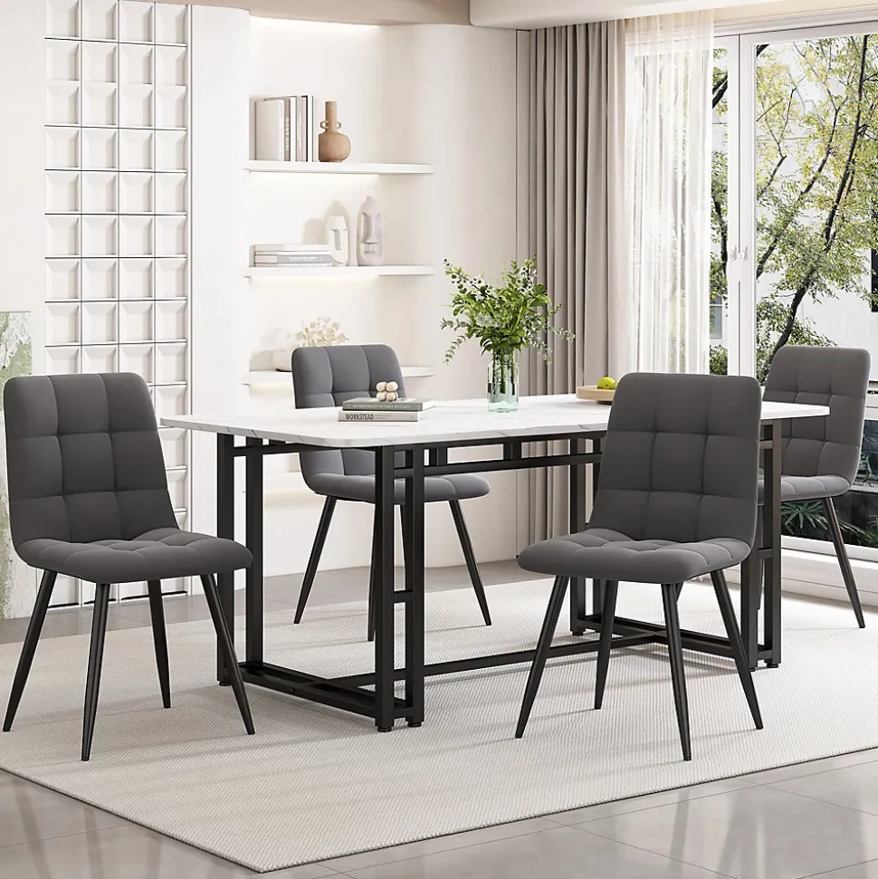 Ensemble Table Rectangulaire et 4 Chaises en Velours Gris Foncé - Dossier Rembourré, MDF Blanche et Pieds Noirs