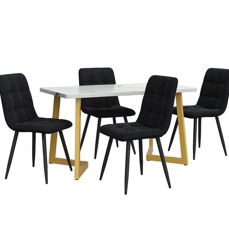 Ensemble Table Rectangulaire Effet Marbre - MDF et 4 Chaises Velours Noir, Pieds Métal Dorés