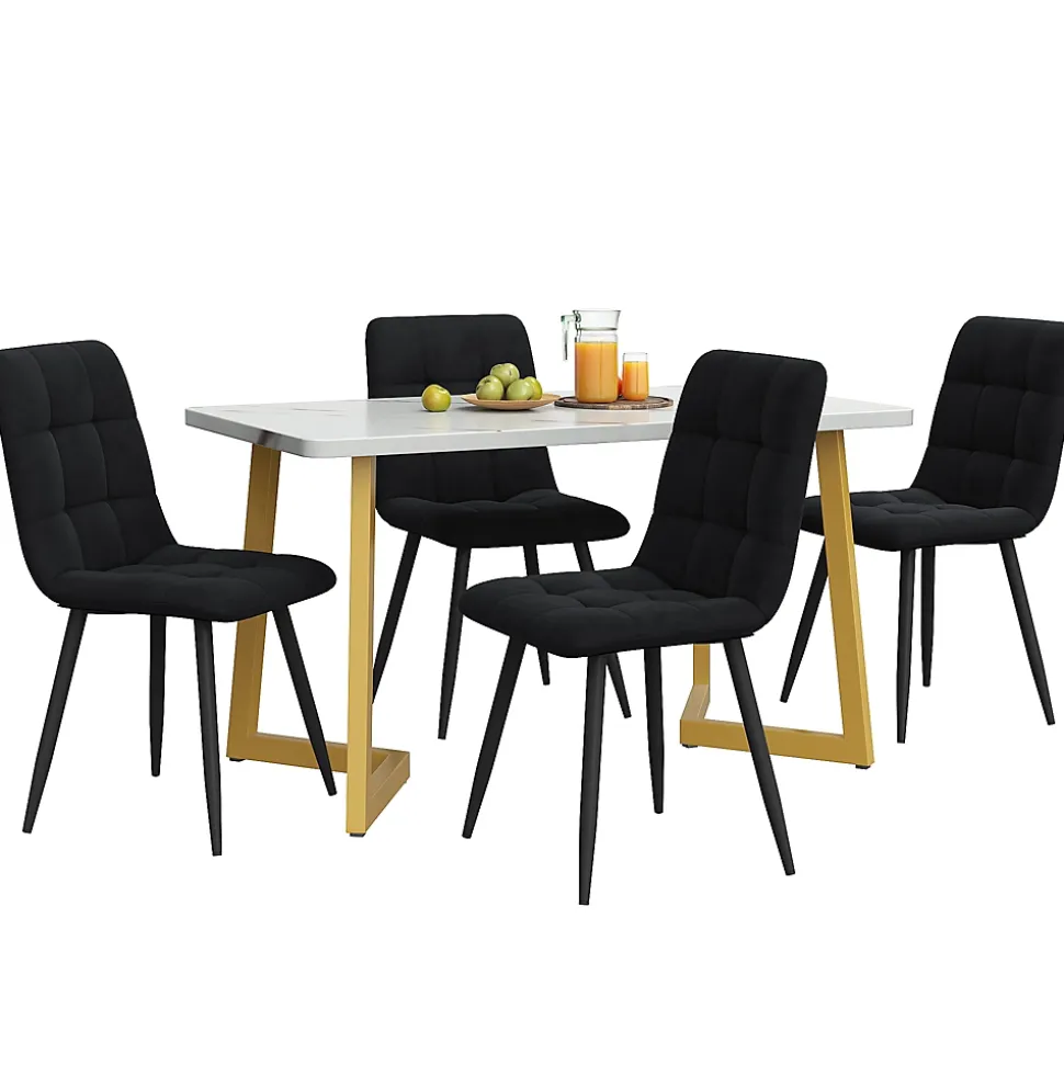 Ensemble Table Rectangulaire Effet Marbre - MDF et 4 Chaises Velours Noir, Pieds Métal Dorés