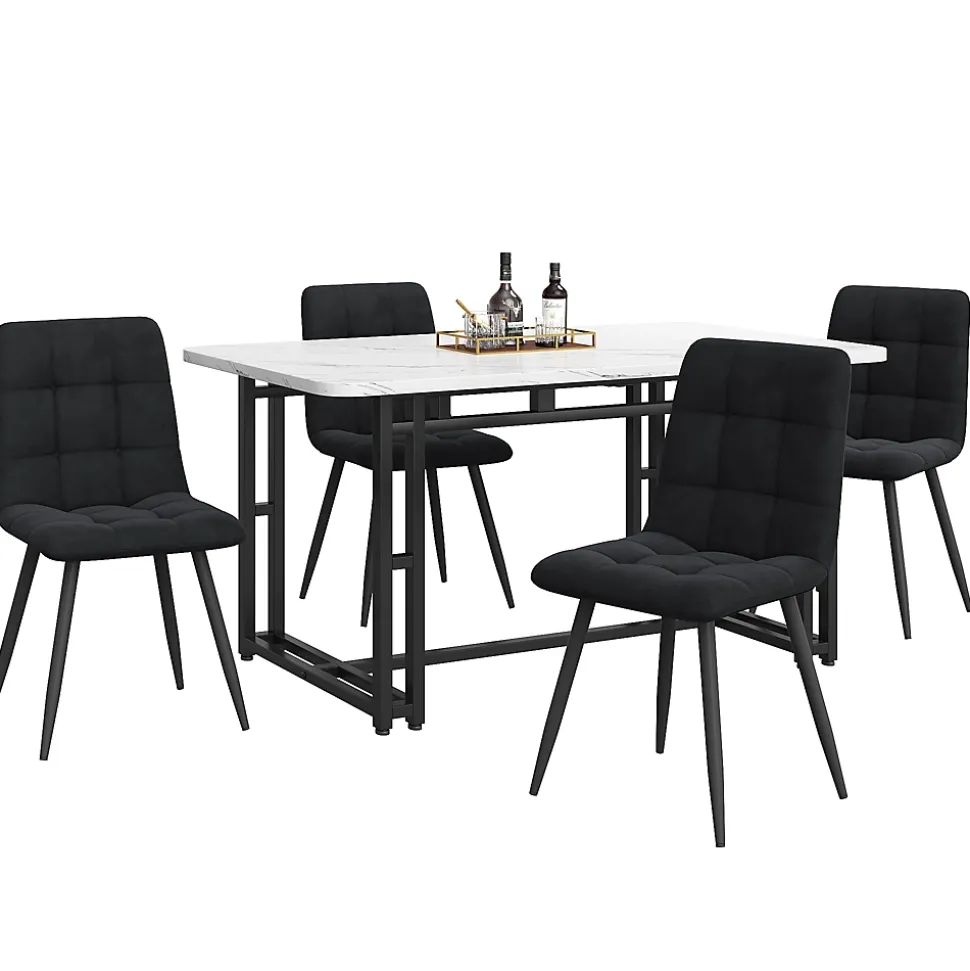 Ensemble Table Rectangulaire et 4 Chaises en Velours Noir - Dossier Rembourré, MDF Blanche et Pieds Noirs